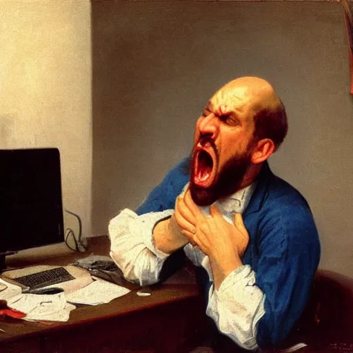 Image similar to an angry man yells at his computer monitor, oil on canvas, 1 8 8 3, highly detailed, high resolution