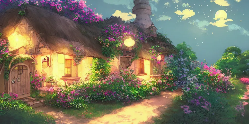Image similar to Flowery cottage, evening, Studio Ghibli, Artstation
