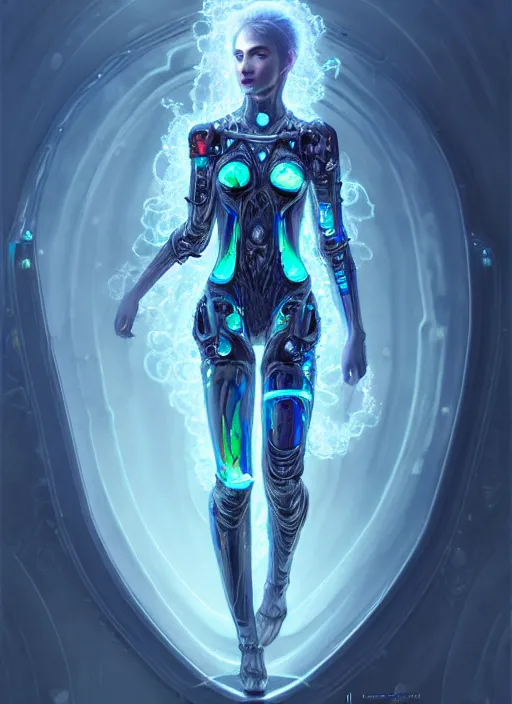 Image similar to translucent iridescent cyborg with flaming eyes, veiled in mist, full body, heroic lighting, dark fantasy, intricate, elegant, highly detailed, lifelike, photorealistic, digital painting, artstation, illustration, concept art, smooth, sharp focus, art by John Collier and Albert Aublet and Krenz Cushart and Artem Demura and Alphonse Mucha