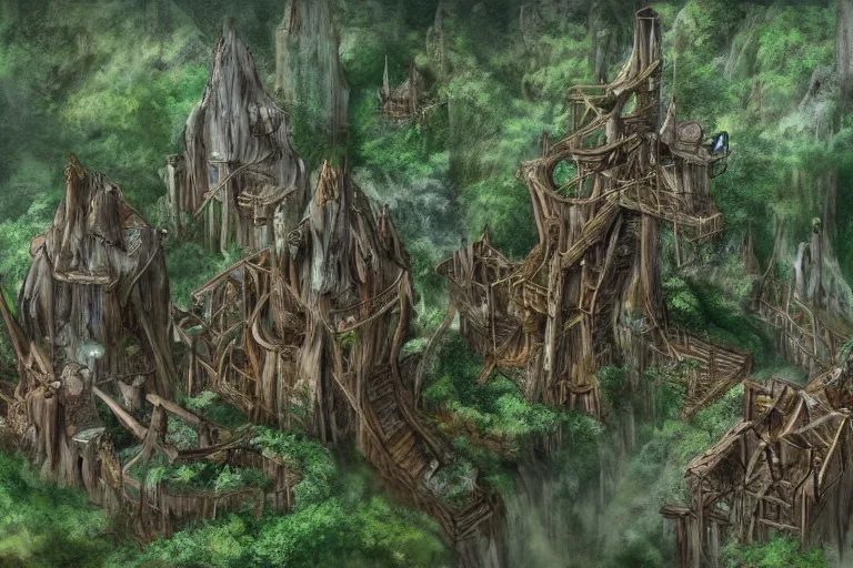 Image similar to a wood elf village suspended high up in the redwood tree canopies, connected by rope bridges, fantasy setting, dense vegetation, very detailed, d & d concept art, 4 k