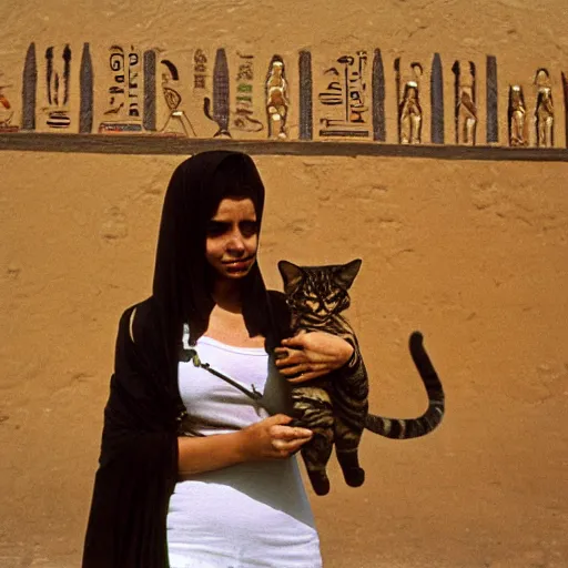 Prompt: hd photo of the egyptian goddess bast in modern cairo. goddess with a cat's head. high - quality candid photography, cinestill 5 0 0