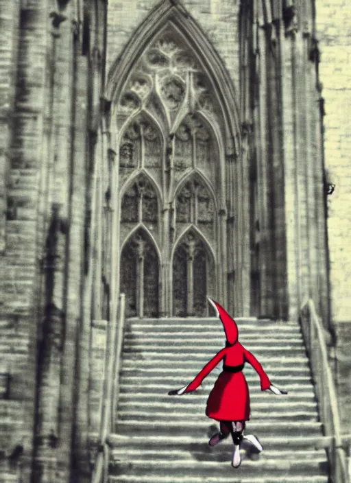 Prompt: charming elf girl climbing the stairs to the cathedral, anime still, Madhouse Animations