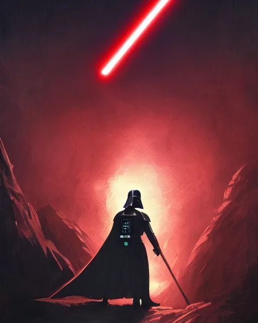 Prompt: Darth vader, fantasy, illustrated by Greg Rutkowski and Caspar David Friedrich, high detail, god rays, Trending on artstation, artstationHD, artstationHQ