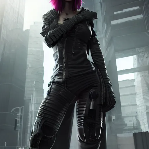 Image similar to Female cyberpunk rogue in a hood, realistic artstyle, full body, dramatic lighting, octane render, hyperrealistic, high quality, highly detailed, HD, beautiful, cinematic, 8k, unreal engine, facial accuracy, symmetrical