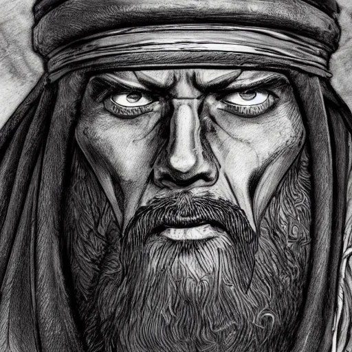Image similar to a close up portrait of an old Sultan Saladin, art station, highly detailed, concept art, sharp focus, illustration in pen and ink, wide angle, by Kentaro Miura