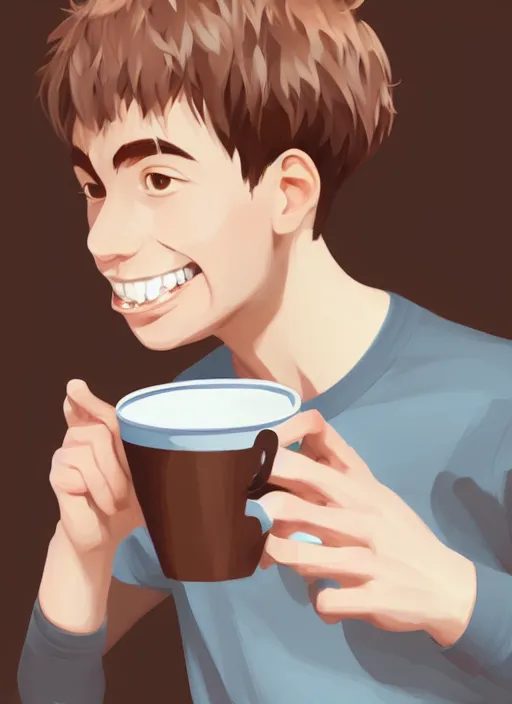 Prompt: a white young man drinking from a coffee cup, which is a brown flower, big smile, prominent big eyes, wise forehead, big lips, round portruding chin, background full of brown flowers, standout colours, thin sharp lines, digital painting, artstation, matte, sharp focus, illustration, realistic anime artstyle