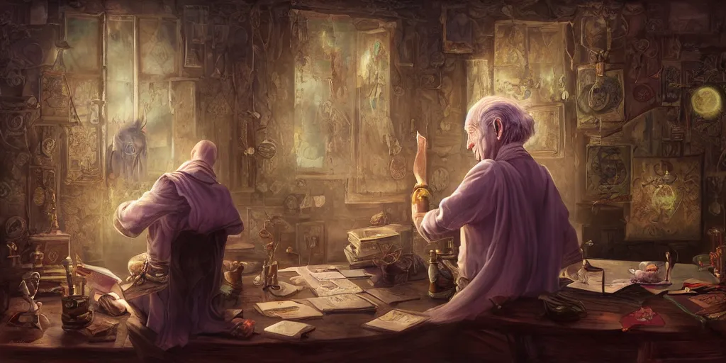 Image similar to back shot of wizened aristocrat examining the mysteries of tarot cards on a magical blackboard, fantasy art, matte painting, high quality, digital painting, artwork by tony sart