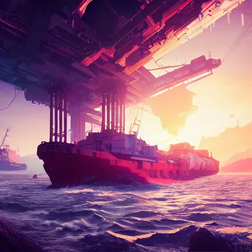 Prompt: soviet white cargo ship of horizon forbidden west horizon zero dawn bioluminiscence global illumination ray tracing hdr fanart arstation by ian pesty and alena aenami artworks