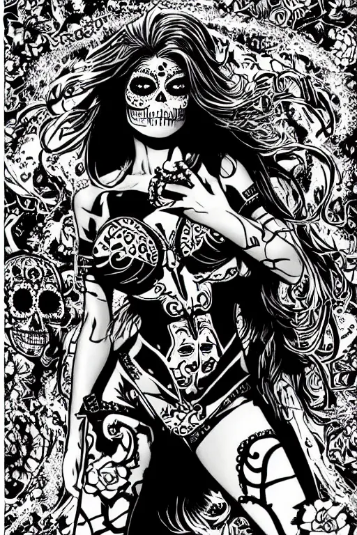 Image similar to Illustration of a sugar skull day of the dead girl, art by mike deodato