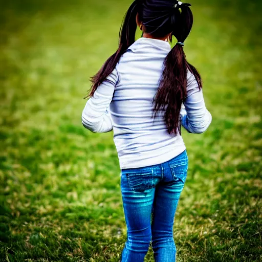 Prompt: a seven years old spanish girl plays on a great green meadow, she wears a jacket, jeans and boots, she has two ponytails, photo taken by a nikon, highly detailed, sharp focus