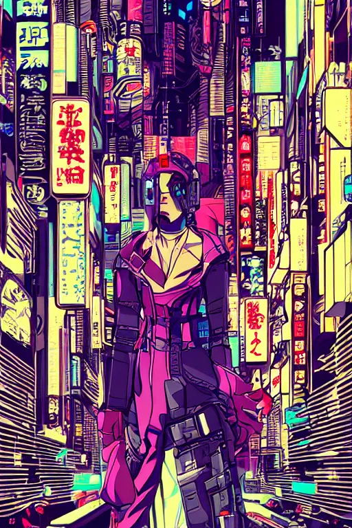 Prompt: futuristic japanese cyberpunk by roy lichtenstein, by ben - day, bladerunner pixiv contest winner, cyberpunk style, cyberpunk color scheme, mechanical, high resolution, hd