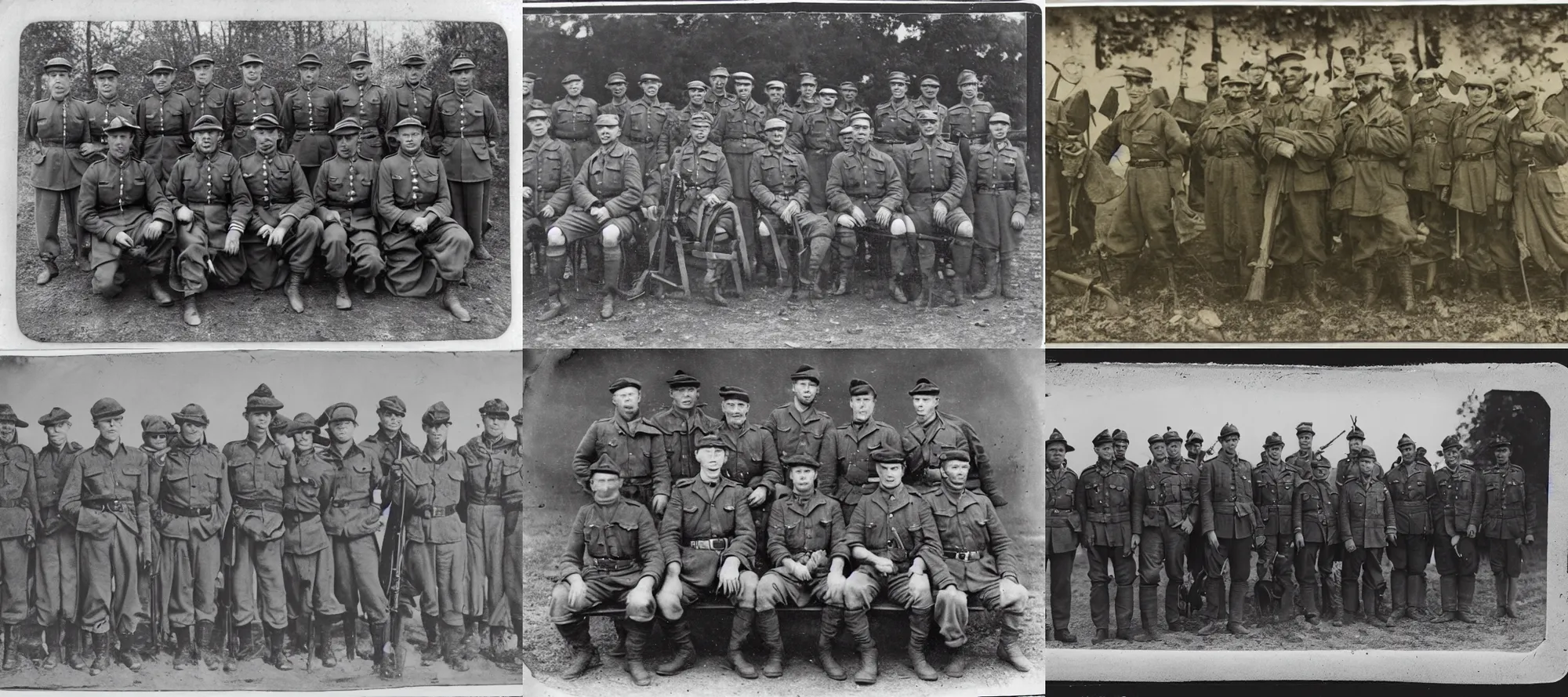 Prompt: cg society by hermann broch barbizon school 1943 militaria battalions movie still infantry photo taken with illford tintype photograph a group of men in uniforms posing for a picture a colorized photo