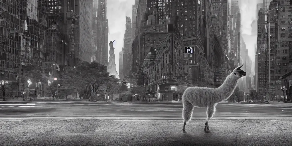 Prompt: a llama walking away from the camera into a desolate manhattan city street at night, statue of liberty seen in the background, realistic 4 k octane beautifully detailed render, 4 k post - processing, highly detailed, detailed face, intricate complexity, epic composition, magical atmosphere, cinematic lighting, masterpiece, ultra hd