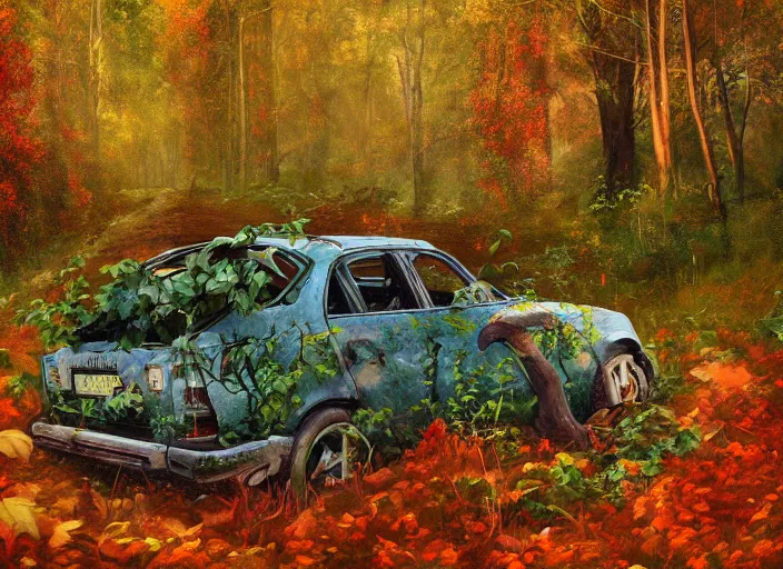 Image similar to A painting of an overgrown car in a forest, vines coming down from the tall trees, autumn, rocky ground, digital art, trending on Artstation, immaculate scale, amazing composition, detailed painting