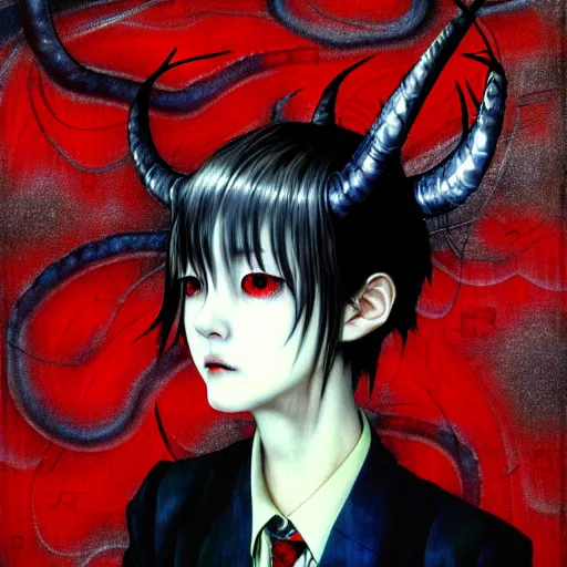 Image similar to yoshitaka amano blurred and dreamy realistic three quarter angle horror portrait of a sinister young woman with short hair, horns and red eyes wearing office suit with tie, junji ito abstract patterns in the background, satoshi kon anime, noisy film grain effect, highly detailed, renaissance oil painting, weird portrait angle, blurred lost edges