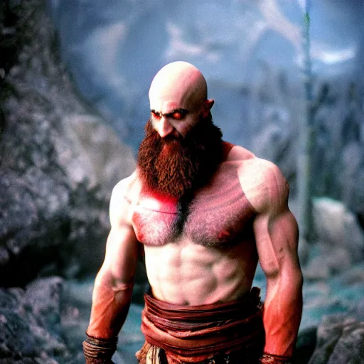 Prompt: photo of kratos god of war, cinestill, 800t, 35mm, full-HD