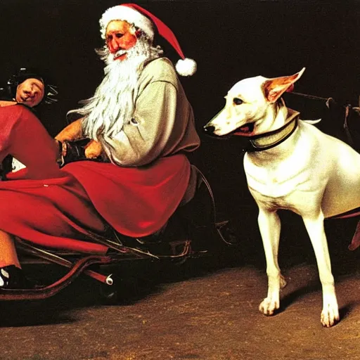 Prompt: Father Christmas riding a sledge pulled by greyhounds Painted by Caravaggio