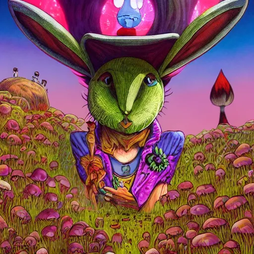 Image similar to 4 k headshot portrait of a psychedelic demonic anthropomorphic bunny rabbit with mushroom themed clothes, magic mushroom village in background by jeff easley, award winning, stylized neon, post - processing, masterpiece, superb resolution. in the art style of junji ito and greg rutkowski. detailed mushroom city in background. hyper realistic anime. perfect art. dalle 2