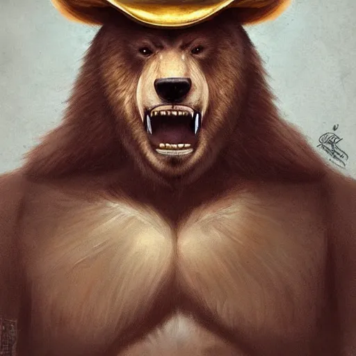 Image similar to dashing charming grinning charismatic bear beast-man rogue, wearing captain's tricorne hat, naval background, amazing, lifelike award winning pencil illustration trending on art station artgerm Greg rutkowski cinematic