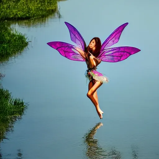 Image similar to flying fairy with wings timidly tipping toe into the center of a lake