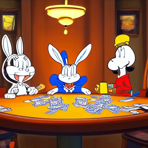 Image similar to a highly detailed vector picture of bugs bunny and captain cruch and snoopy and bender playing poker, art by dan mumford and yusuke murata and makoto shinkai and ross tran, octane render, 4 k resolution, trending on artstation, masterpiece