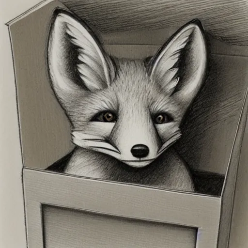 Image similar to a fox inside a box, pencil drawing, award winning, highly detailed