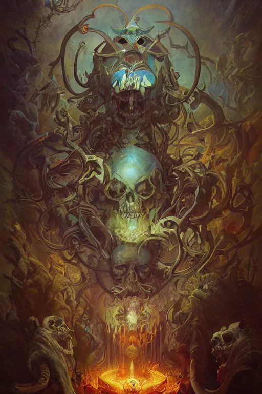 Image similar to evil gigantic skull lord of death, fantasy painting, ultra realistic, wide angle, art nouveau, intricate details, rainbowshift, vivid colors, highly detailed by peter mohrbacher, maxfield parrish, aaron horkey, gaston bussiere, craig mullins