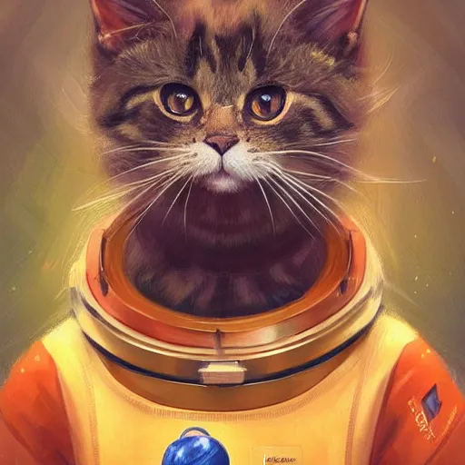 Image similar to head and shoulders masterpiece portrait of a cute adorable cat wearing a spacesuit, surreal background, digital art by krenz cushart, trending on artstation, cgsociety,