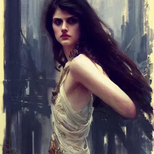 Image similar to alexandra daddario, intricate, elegant, highly detailed, greg manchess, mucha, liepke, ruan jia, jeffrey catherine jones, ridley scott