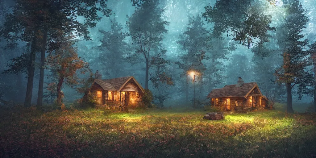 Prompt: one cottage in the woods , fantasy, hyper realistic, dramatic lighting, 4k