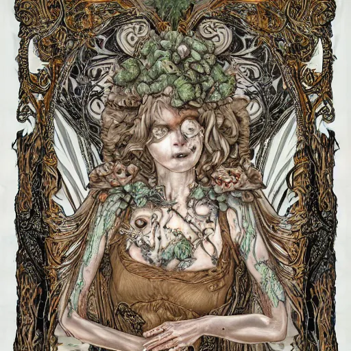 Image similar to a beautiful detailed front view baroque portrait of a rotten woman corpse with fractal plants and fractal flowers and mushrooms growing around, intricate, symmetrical, ornate, ornamentation, bones, illustration, in the style of art nouveau