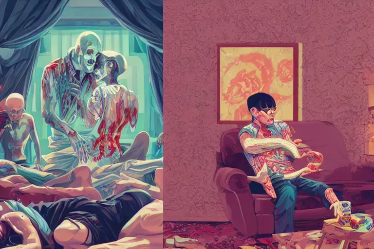 Image similar to a zombie dad on the couch, Tristan Eaton, victo ngai, artgerm, RHADS, ross draws