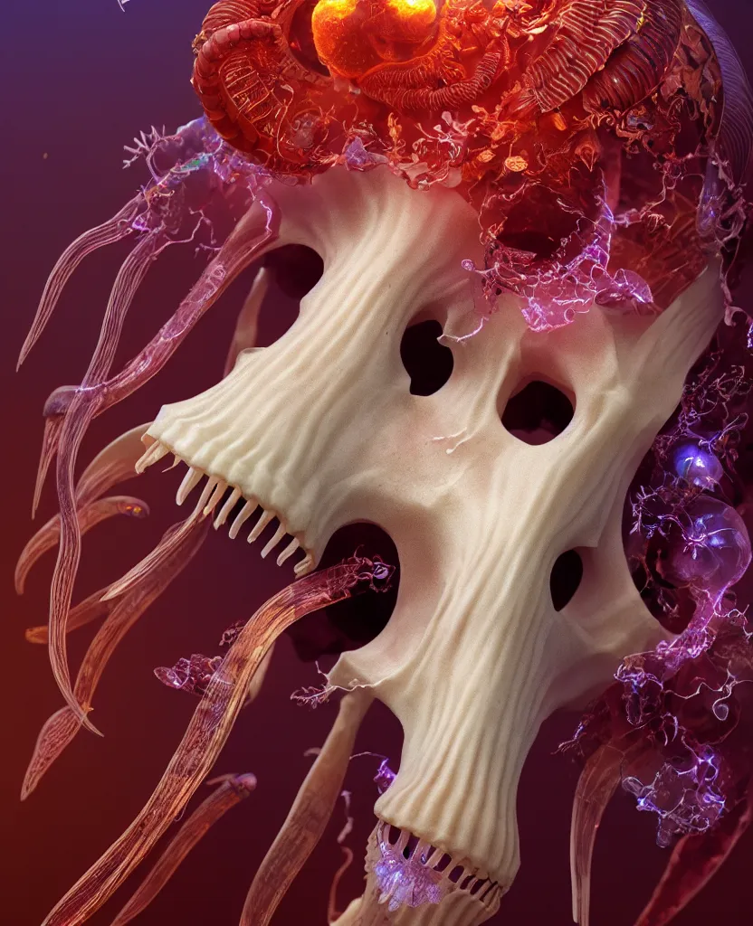 Image similar to goddess close-up portrait goat skull. jellyfish phoenix head, nautilus, orchid, skull, betta fish, bioluminiscent creatures, intricate artwork by Tooth Wu and wlop and beeple. octane render, trending on artstation, greg rutkowski very coherent symmetrical artwork. cinematic, hyper realism, high detail, octane render, 8k