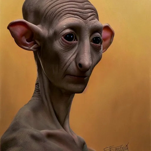 Image similar to ultra realistic portrait painting of tilda swinton as dobby, art by frank frazetta, 4 k, ultra realistic, highly detailed, epic lighting