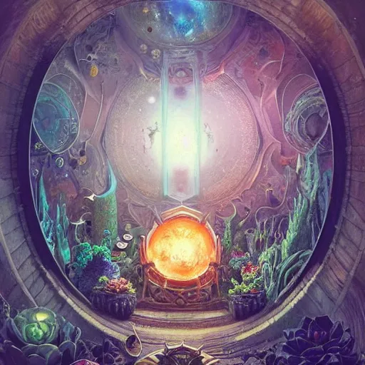 Image similar to highly detailed, intricate beautifully stunning cosmic Kinocorium in the middle of a keyhole portal overlooking the Succularium by Andrei Riabovitchev, Shaun Tan and Peter Mohrbacher. stunning atmosphere, firery prismatic orbs