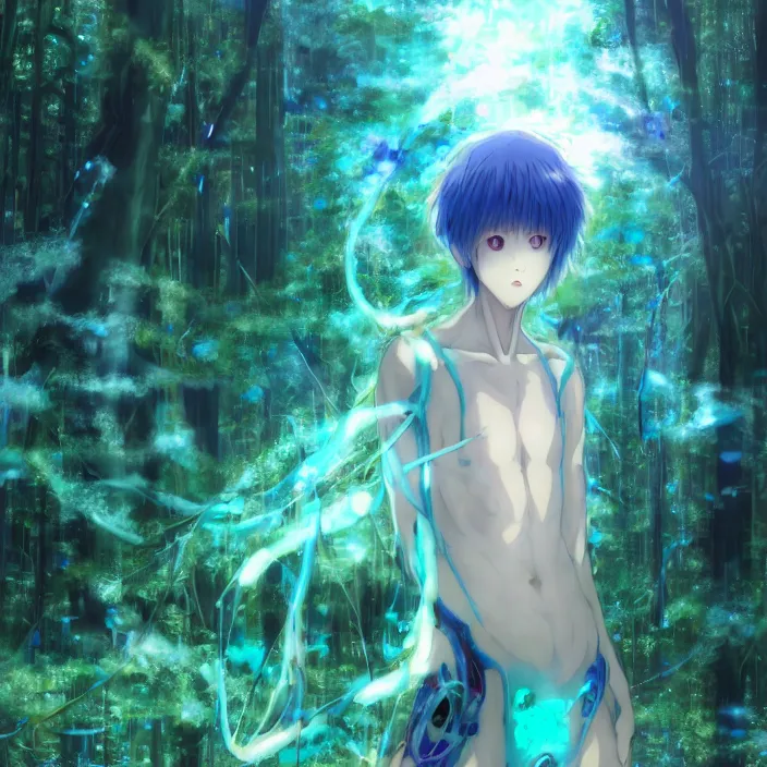 Prompt: rei ayanami, male anime character, in the woods, fractal, liminal space, Japan Lush Forest, technological rings, water dripping leaves blue rings faint turquoise glowing aura Leviathan awakening from Japan in a Radially Symmetric Alien Megastructure turbulent bismuth glitchart Luminism Romanticism by John William Waterhouse . Atmospheric Cinematic Environmental & Architectural Design Concept Art by Tom Bagshaw Jana Schirmer Jared Exposure to Cyannic Energy, Darksouls Concept art by Finnian Macmanus, Rei Ayanami, fractal recusion mandelbulb fractal wisdom acrylic pouring , by beeple, apophysis, aesthetic gradient, hyperdetailed landscape, sugar microscopic image, loop hole from Japan in a lush flora of water dripping leaves and echoing blue rings of sound emanating from the center of the screen with a faint turquoise glowing aura fractal pearlescent iridescent surrealist turbulent bismuth glitchart Luminism Romanticism by John William Waterhouse Beksinski Finnian MacManus Ruan Jia, cute anime girl with blue hair and red eyes, vtuber, lain iwakura, Hi-Fructose, Artstation, HD, HDR, High Resolution, 1024x1024