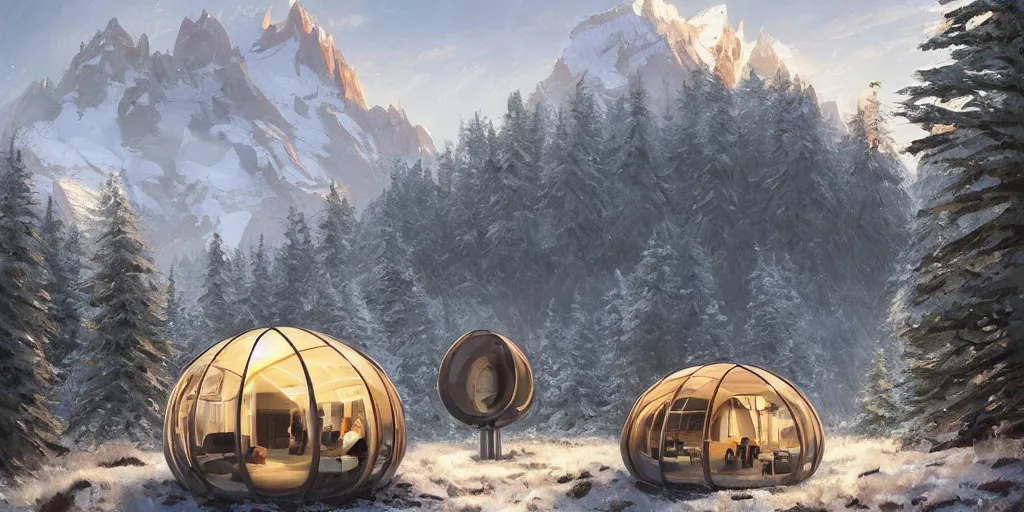 Image similar to cabela's beautiful comfortable futuristic pop up insulated all terrain family pod, cabin, modular, person in foreground, mountainous forested wilderness open fields, beautiful views, painterly concept art, joanna gaines, environmental concept art, farmhouse, magnolia, concept art illustration by ross tran, by james gurney, by craig mullins, by greg rutkowski trending on artstation