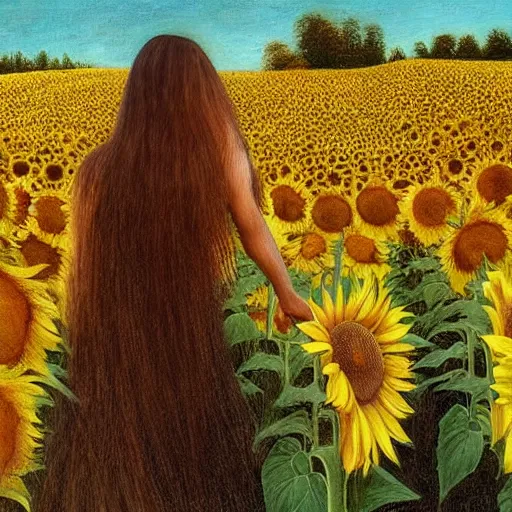 Prompt: a girl slowly walking through amazing tall sunflower field, her hair flowing down, subtle, intricate details, real masterpiece, oil on canvas, by leonardo da vinci, vitalik buterin