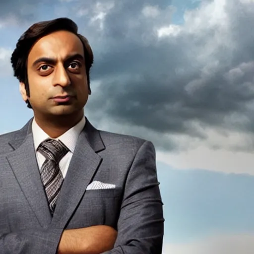 Image similar to Raj Koothrappali as Saul Goodman, promo poster, clouds in the background