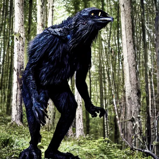 Image similar to werecreature consisting of male human and crow, photograph captured in a forest