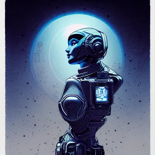 Image similar to portrait dramatic light, by killian eng and joe fenton and martin deschambault and conrad roset, inspired by buck rogers, blue grey only, etching, fine, sharp high detail,