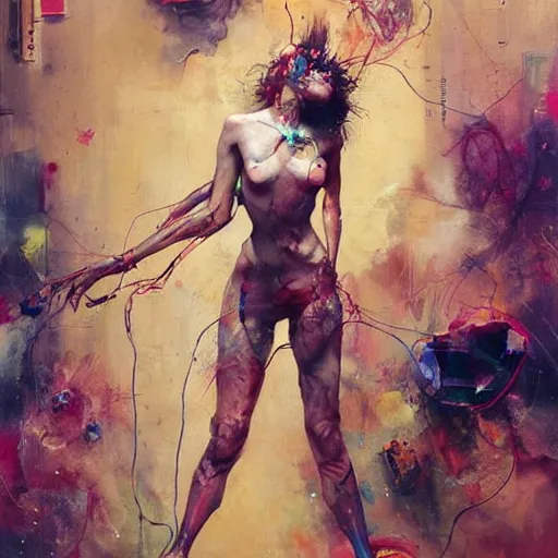 Image similar to grinning woman in a vr headset, dynamic energic pose, cyberpunk in the style of adrian ghenie, esao andrews, jenny saville, surrealism, dark art by james jean, takato yamamoto