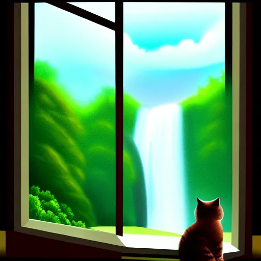 Image similar to a beautiful landscape including a waterfall and a forest through a window, cat sitting on the edge of the window, illustration, digital art, trending on artstation, no signature