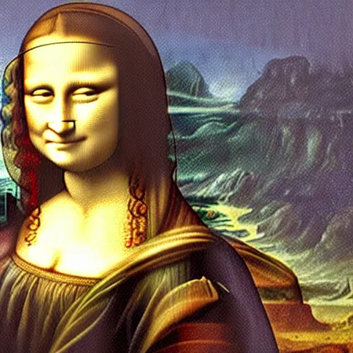 Image similar to mona lisa piloting a giant robot