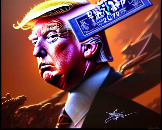 Prompt: donald trump, fantasy character portrait made of fractals, ultra realistic, wide angle, intricate details, the fifth element artifacts, highly detailed by peter mohrbacher, hajime sorayama, wayne barlowe, boris vallejo, aaron horkey, gaston bussiere, craig mullins