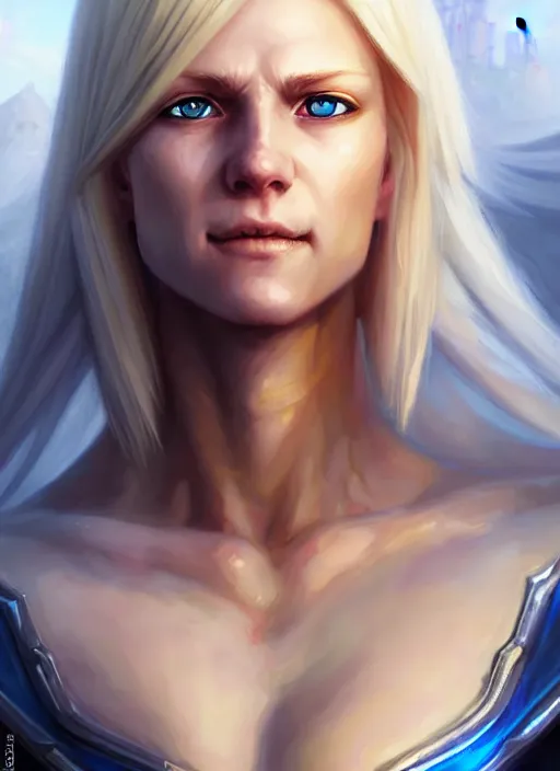 Image similar to a _ fantasy _ style _ portrait _ painting _ of shy white female paladin with blonde hair and blue eyes friendly smile, scar under left eye, holy oil _ painting _ unreal _ 5 _ daz. _ rpg _ portrait _ extremely _ detailed _ artgerm _ greg _ rutkowski _ greg