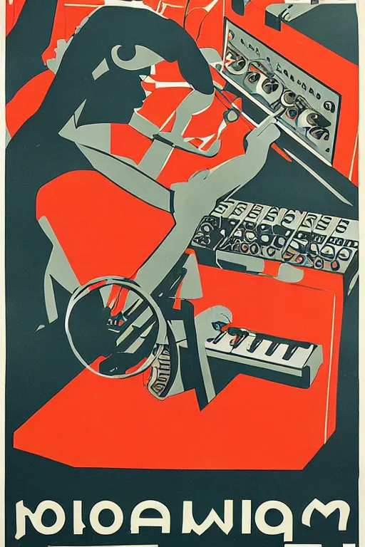 Image similar to soviet propaganda poster of a modular sound synthesizer