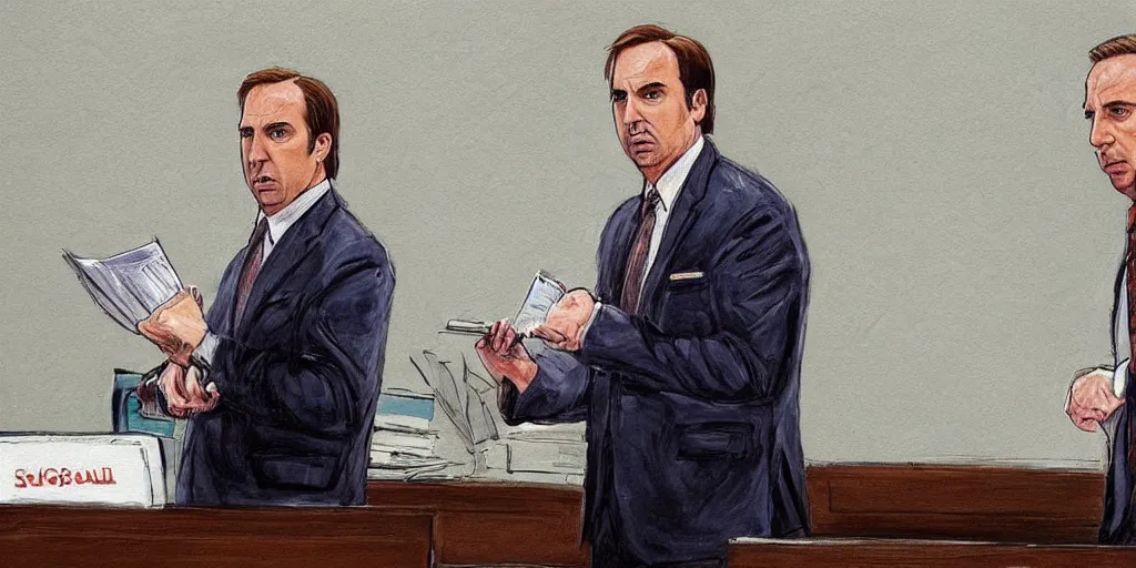 Image similar to saul goodman defending michael scott in acourt, courtroom painting