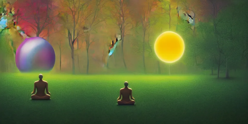 Image similar to neurograph, very very beautiful wide shot of a forest, monks on lsd, meditating, an echo a rainbow and a dream, through a spherical lens, intricate, elegant, highly detailed, digital painting, trending on artstation, concept art, sharp focus, by rene magritte, moebius, wide shot, 8k resolution, in the style of surrealism!