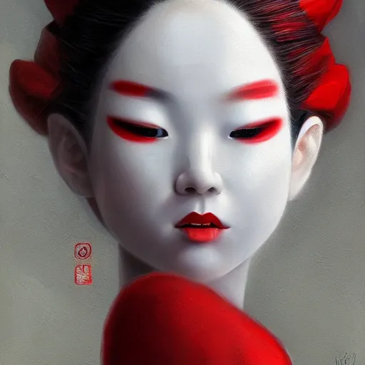 Prompt: A stunning painting of a beautiful albino geisha , red and white by Andrews Esao, fantasy, Trending on artstation.